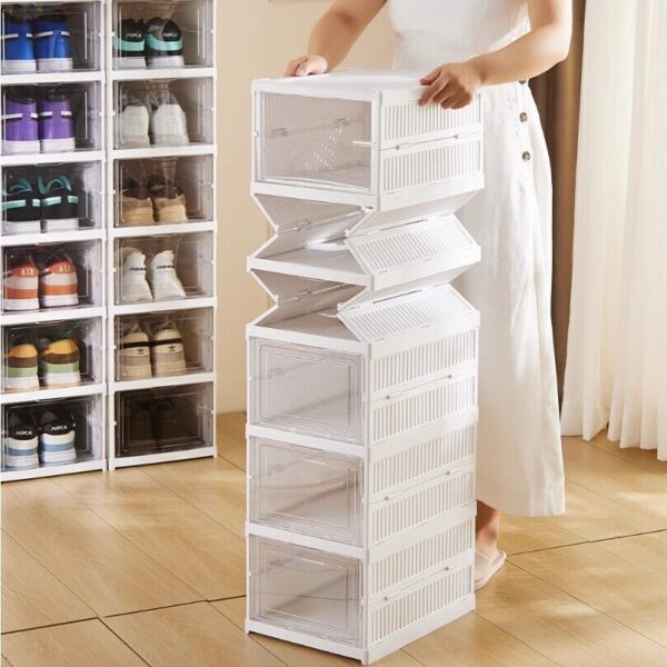 6 Tier Plastic Shoe Storage Box Stackable Foldable Boxes Trainers Organiser - Image 7